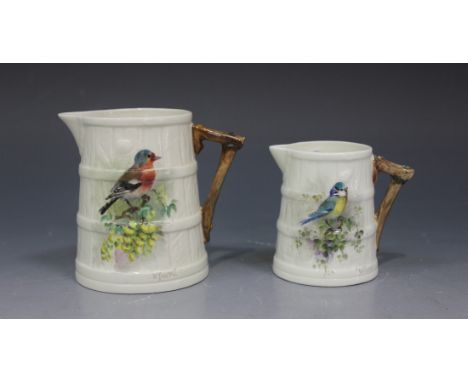 A Royal Worcester bone china cream jug, circa 1929 by William Powell, signed, the coopered tapering cylindrical body with nat