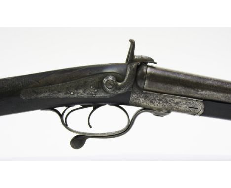 A double barrelled 12 bore pinfire sporting gun by E.M. Reilly & Co, London, with twist barrels, length approx 75.5cm, scroll