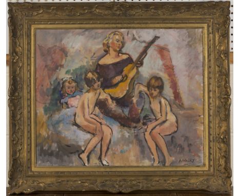 Philip Naviasky - Mother playing a Guitar with her Three Children, 20th Century oil on canvas, signed, approx 49cm x 60cm, wi