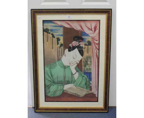 A Chinese export gouache painting on paper, early 19th Century, depicting a head and shoulders portrait of a seated maiden in