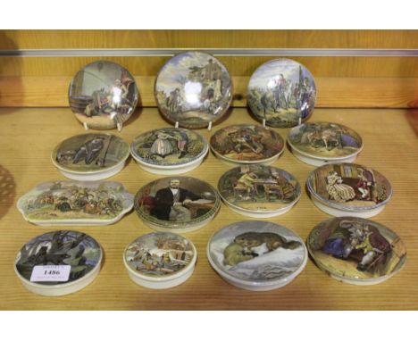 A T.J & J. Mayer Bears on a Rock pot lid, an F & R Pratt 'War after Wouvermann' pot lid, together with thirteen Pratt ware po