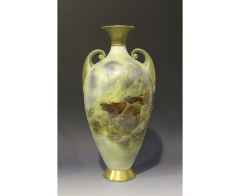 A Royal Worcester bone china vase, circa 1909 by John Stinton, signed, with flared neck and ovoid body painted with Highland 