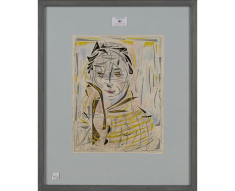 Audrey Pilkington - 'The Checked Overcoat', mixed media, signed and titled, approx 29cm x 22cm, within a painted frame.