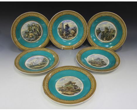 A set of six F & R Pratt dessert plates, 19th Century, comprising two decorated with The Quarry, one with Negro and Pitcher, 