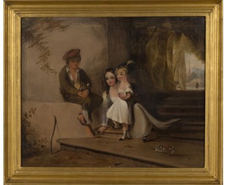 Circle of David Wilkie - Three Scottish Children playing Marbles, early/mid-19th Century oil on canvas, approx 44cm x 54cm, w