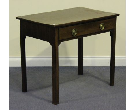 A George III mahogany side table, fitted with a single frieze drawer, raised on chamfer block legs, height approx 71cm, width