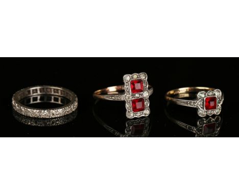 A diamond set full eternity ring, mounted with small cushion shaped diamonds, two gold and silver, red and colourless paste s