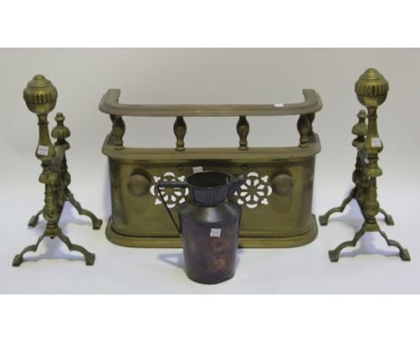 A small 19th Century brass fender, width approx 45cm, two pairs of brass fire tool rests and a small group of metalware.