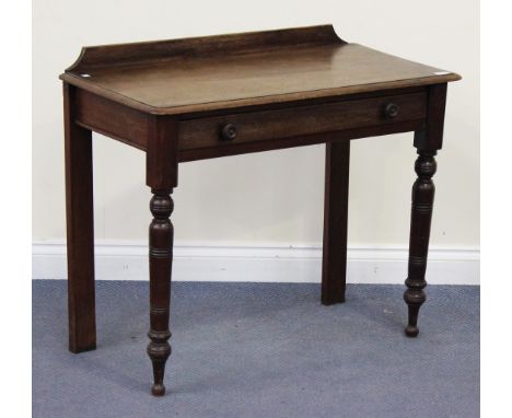 A Victorian mahogany side table, the moulded top above a drawer, raised on ring turned legs, height approx 77cm, width approx