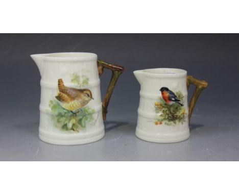A Royal Worcester bone china cream jug, indistinct date, by Edward Townsend, signed, of coopered tapering cylindrical form wi