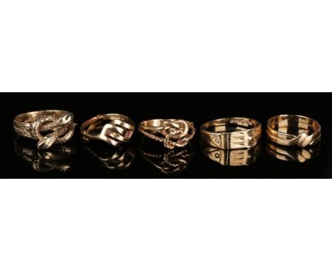 A 9ct gold ring, designed as two entwined snakes, ring size approx Q1/2, two 9ct gold rings in knot designs and two other 9ct