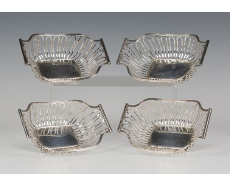 A set of four Edwardian silver bonbon baskets, each of shaped rectangular form with wirework sides, London 1902 and 1903 by H