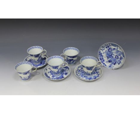 A small group of Chinese blue and white porcelain teaware, mark of Kangxi but probably 18th Century, comprising five cups of 