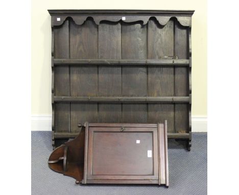 An Edwardian mahogany hanging corner cabinet, width approx 39cm, together with a stained pine wall shelf, width approx 88cm.