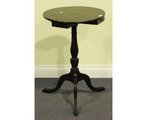 A George III mahogany wine table, the circular top above later fitted drawers, the turned stem on tripod legs, height approx 