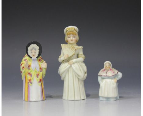 A Royal Worcester bone china gilt decorated Kate Greenaway candle snuffer of Town Girl, modelled as a girl in Victorian dress