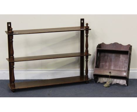 A Victorian mahogany three-tier wall shelf, width approx 87cm, together with a smaller mahogany wall shelf, width approx 35cm