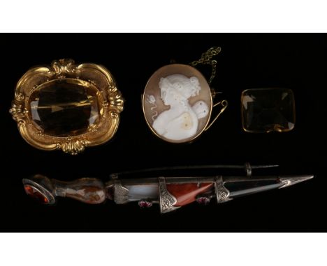 A vari-coloured agate and paste set brooch, designed as a skene-dhu, length approx 10.5cm, a Victorian citrine set single sto