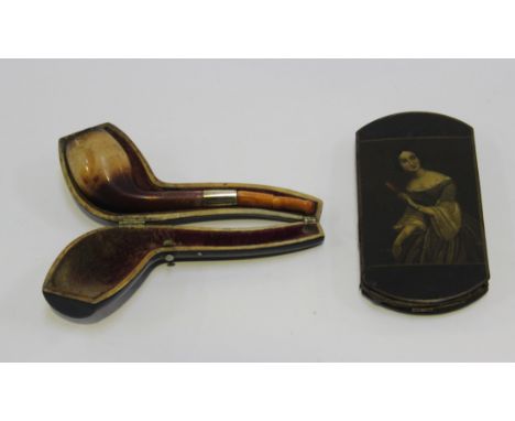 A 19th Century papier-mâché cigar case, the front decorated with a half-length portrait of a lady, the other side inscribed '
