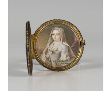 Late 18th Century Continental School - Tondo Miniature Portrait of a Lady, watercolour, inscribed in Latin, diameter approx 4