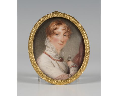 Thomas Hargreaves - Oval Miniature Portrait of Mary Lee, née Ewart, holding a Looking Glass with Gold Chain and wearing a Cor