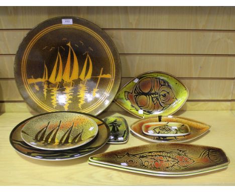 A Poole Pottery Aegean charger, circa 1970's, designed by Leslie Elsden, decorated in orange with sailing boats against a mot