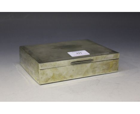 A George V silver cigarette box of rectangular form with engine turned hinged cover, Birmingham 1935 by Alfred Deeley, length