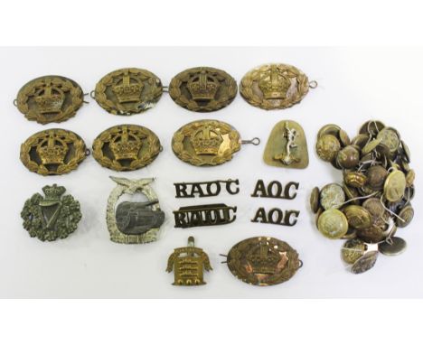 A small collection of military badges, buttons, etc, including a First World War period Army Ordnance Corps cap badge, a Vict