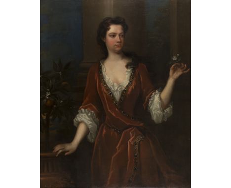 Studio of Sir Godfrey Kneller - Portrait of a Young Lady wearing a Red Velvet Dress, holding a Flower in her Left Hand, late 