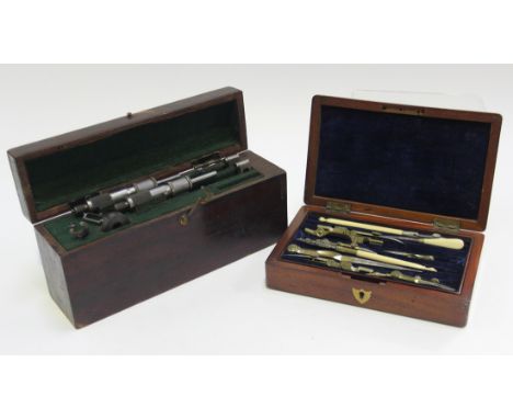 A cased set of engineering tools, including a Moore & Wright micrometer, together with a 19th Century mahogany cased drawing 
