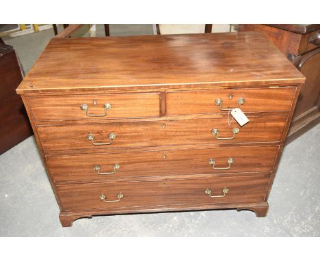 A George III mahogany chest of drawers,With an arrangement of two short and three long graduated cockbeaded drawers, each app