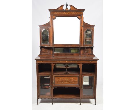 A Victorian rose wood mirror back chiffonier,having a swan neck pediment above an arrangement of four mirrors and a shelf abo