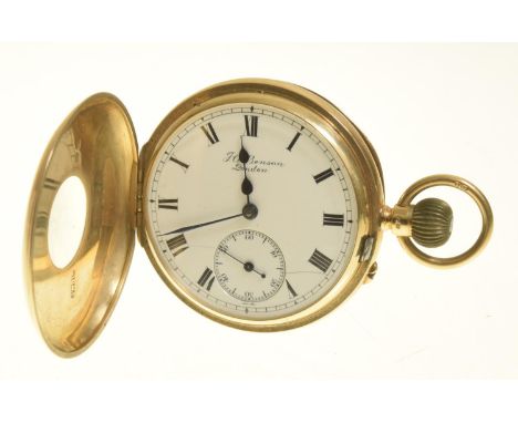 An early 20th century 18ct gold half hunter pocket watch by J W Benson, LondonThe circular white enamel dial with Roman numer