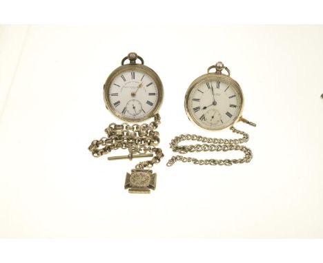 Two silver cased pocket watches To include Russell & Sons pocket watch, Birmingham 1898 complete with white metal watch chain