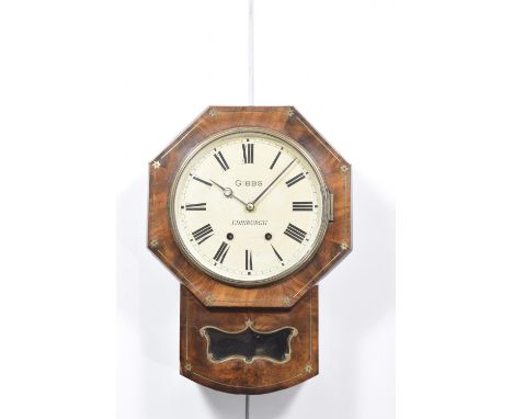 A 19th Century walnut cased wall clock by Gibbs of EdinburghThe walnut case inlaid with brass stringing enclosing a 25cm pain
