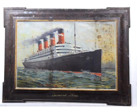 A rare early 20th Century chromo lithograph on tin advertising sign for Cunard lineThe rectangular painted sign depicting the