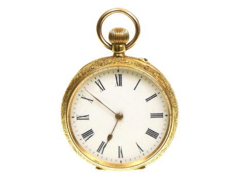 An 18ct gold ladies open face pocket watch The circular shape white enamel dial with Roman numeral hour markers within a foli