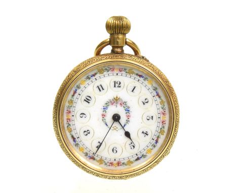 A ladies open face pocket watch The circular white enamel dial with Arabic hour markers and vari-shade floral decoration, wit