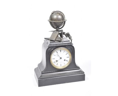 A Mid 19th century French slate Mantle Clock, by Le Roy and Fils, Paris The slate case surmounted with a bronze revolving glo