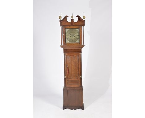 A George III oak and mahogany cross banded long case eight day clock by Harper & Son, SalopHaving three brass spherical finia