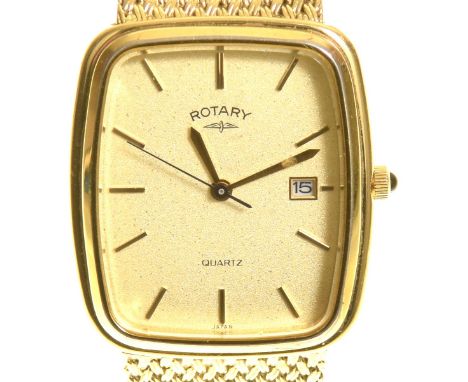 A Rotary gold plated wristwatchThe rectangular gold tone dial with baton hour markers, date aperture to 3, signed Rotary, cas