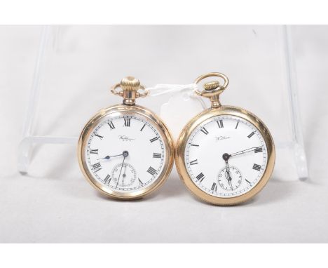 A Walton gold plated pocket watchThe white enameled dial with Roman numerals and a second similar gold plated pocket watch. (