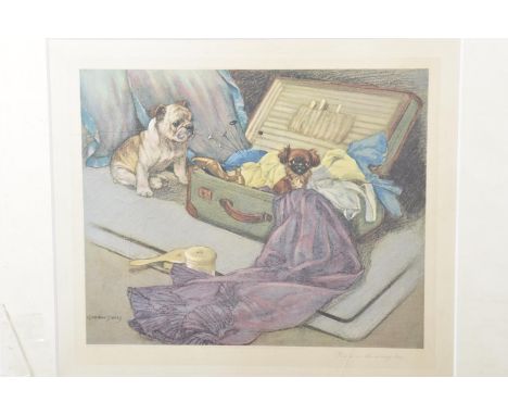 George Vernon Stokes print 'You're in the wrong box'Print depicting a dog in a fabric box with a Bulldog looking on.  37.5x31