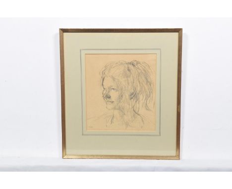 Bernard Dunstan (1920-2017) ‘Louise’ Charcoal sketch of young lady, exhibition label verso, initialled to lower left corner, 