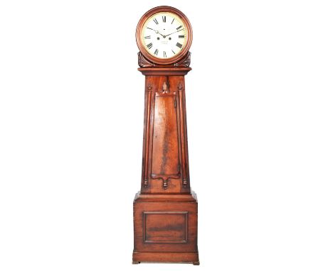 An early 19th Century Scottish mahogany longcase clock by J Boyd, Glasgow The circular hood with a top hinge enclosing a 33cm