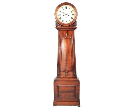 An early 19th Century Scottish mahogany longcase clock by J Boyd, Glasgow The circular hood with a top hinge enclosing a 33cm