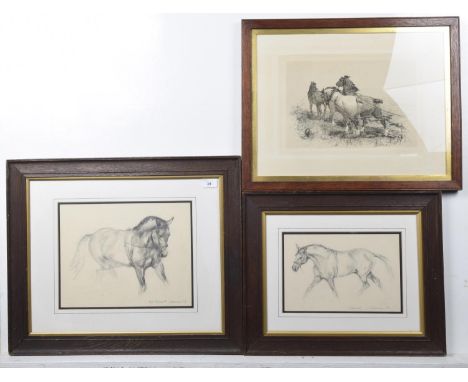 A collection of various sketches and prints of hunting interest Comprising of two Lydia Kiernan charcoal sketches of horses b
