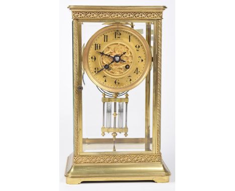 An impressive late 19th Century French four glass mantle clockThe rectangular top with a blind gilt metal openwork frieze abo