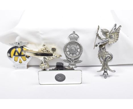 Assorted car badges and mascotsTo include a chromed sea serpent car mascot, Royal Automobilia Club mascot, an AA car badge, a