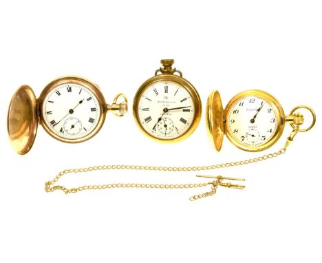 Three various pocket watches To include an Edwardian gold plated example, an Ingersol example and a Incabloc, Swiss made half